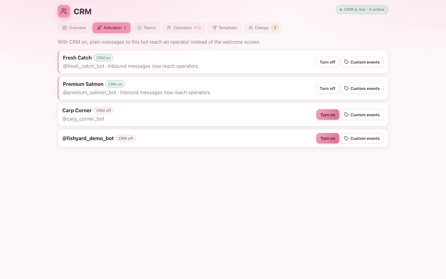 The Activation tab: each bot with a CRM on/off toggle and a Custom events button
