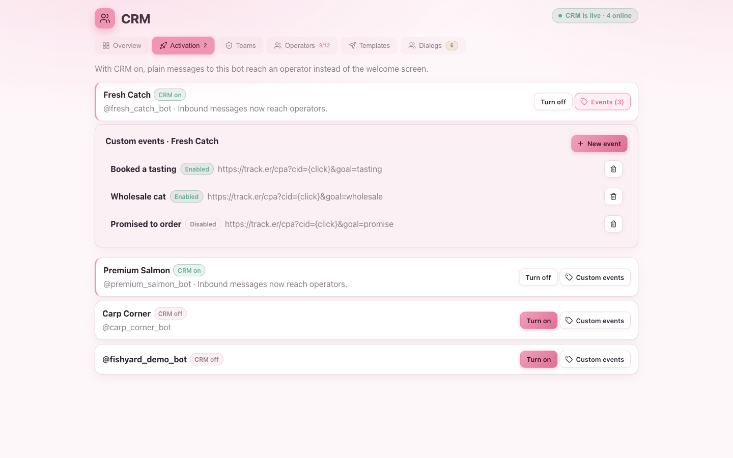 The custom-events editor for a bot: an ordered list of events, each with a name, status, and postback URL
