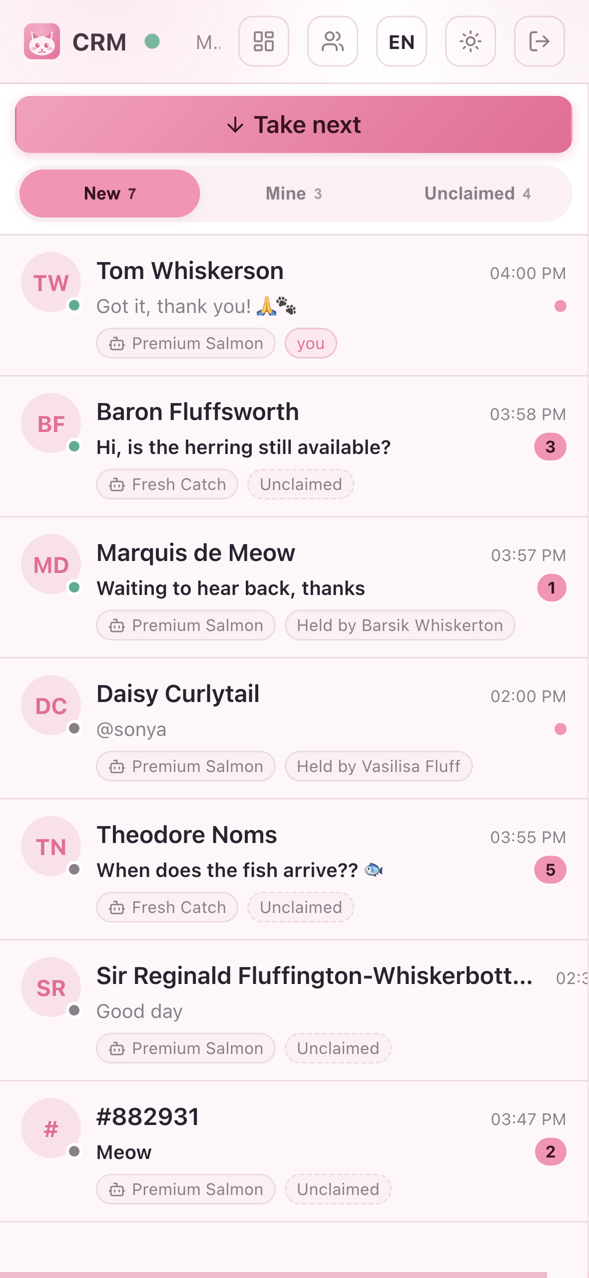 The operator inbox on a phone: conversation rows with avatars, previews, chips and unread badges, plus the Take-next button