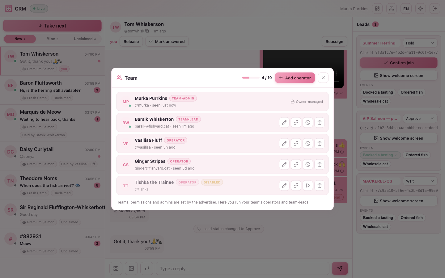 The team-admin roster sheet: operators with online dots and role badges, a seat counter, per-row actions, and owner-managed rows shown read-only