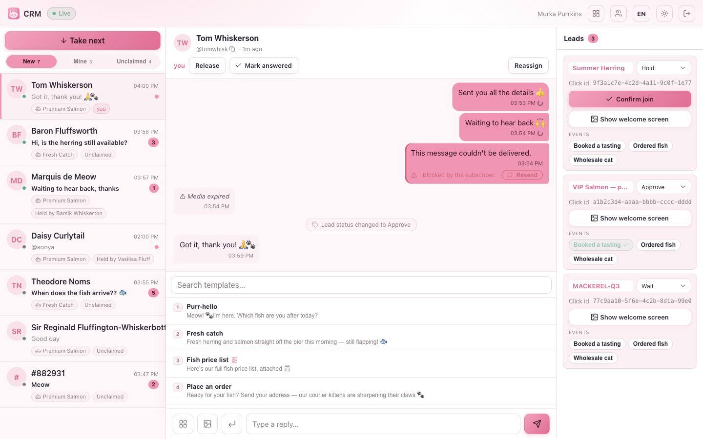 The chat with the template picker open: a searchable list of canned fish replies