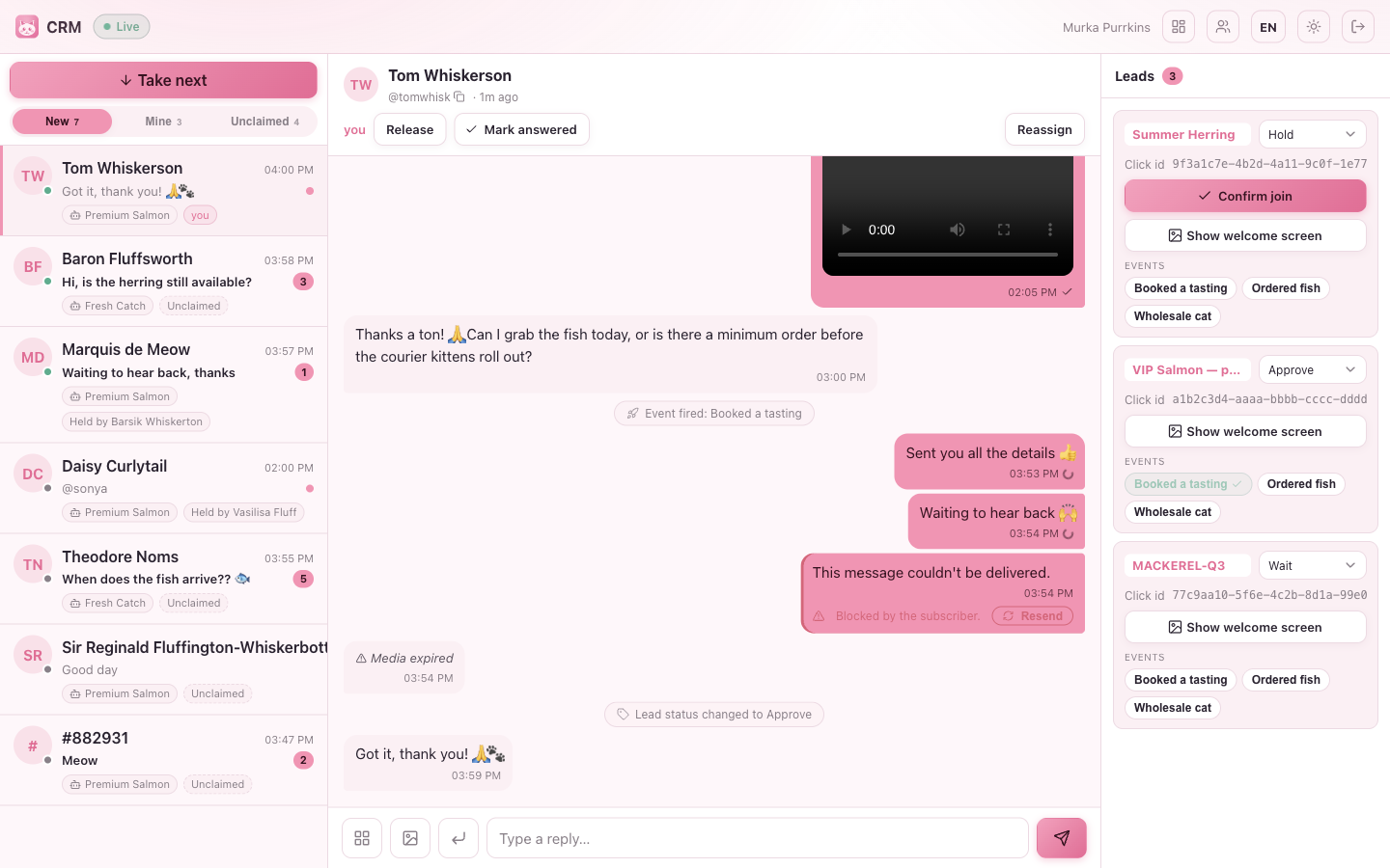 The operator workspace: inbox with filters on the left, an open conversation in the middle, and the lead panel on the right