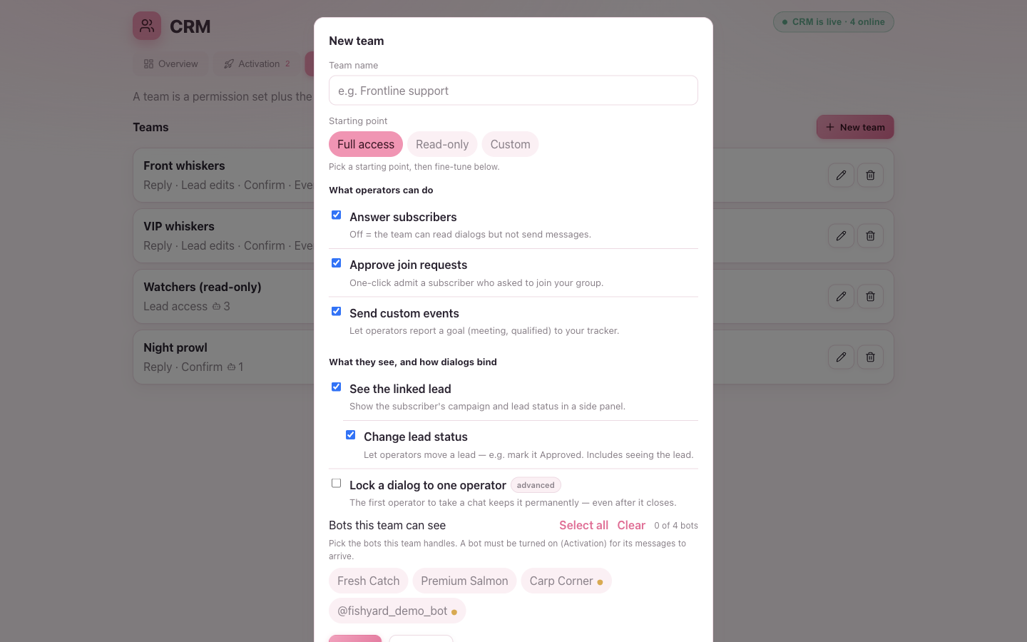 The team editor: preset chooser, the permission switches grouped into "what operators can do" and "what they see", and the bot allowlist
