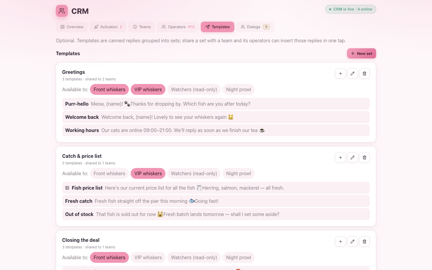The Templates tab: set cards, each listing its replies and which teams it's shared to, plus the macro hint