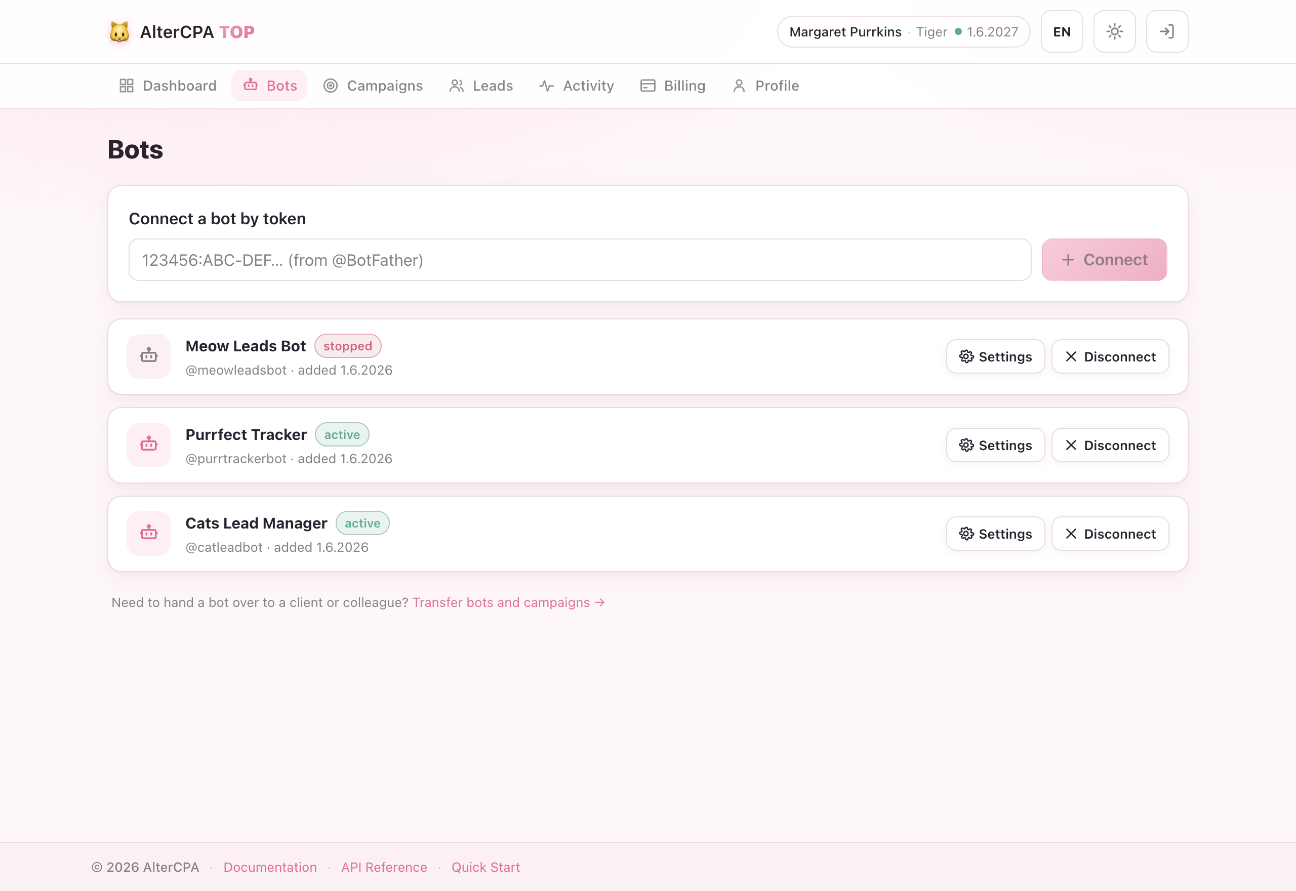Bots page — connected bots with status badges and the token input