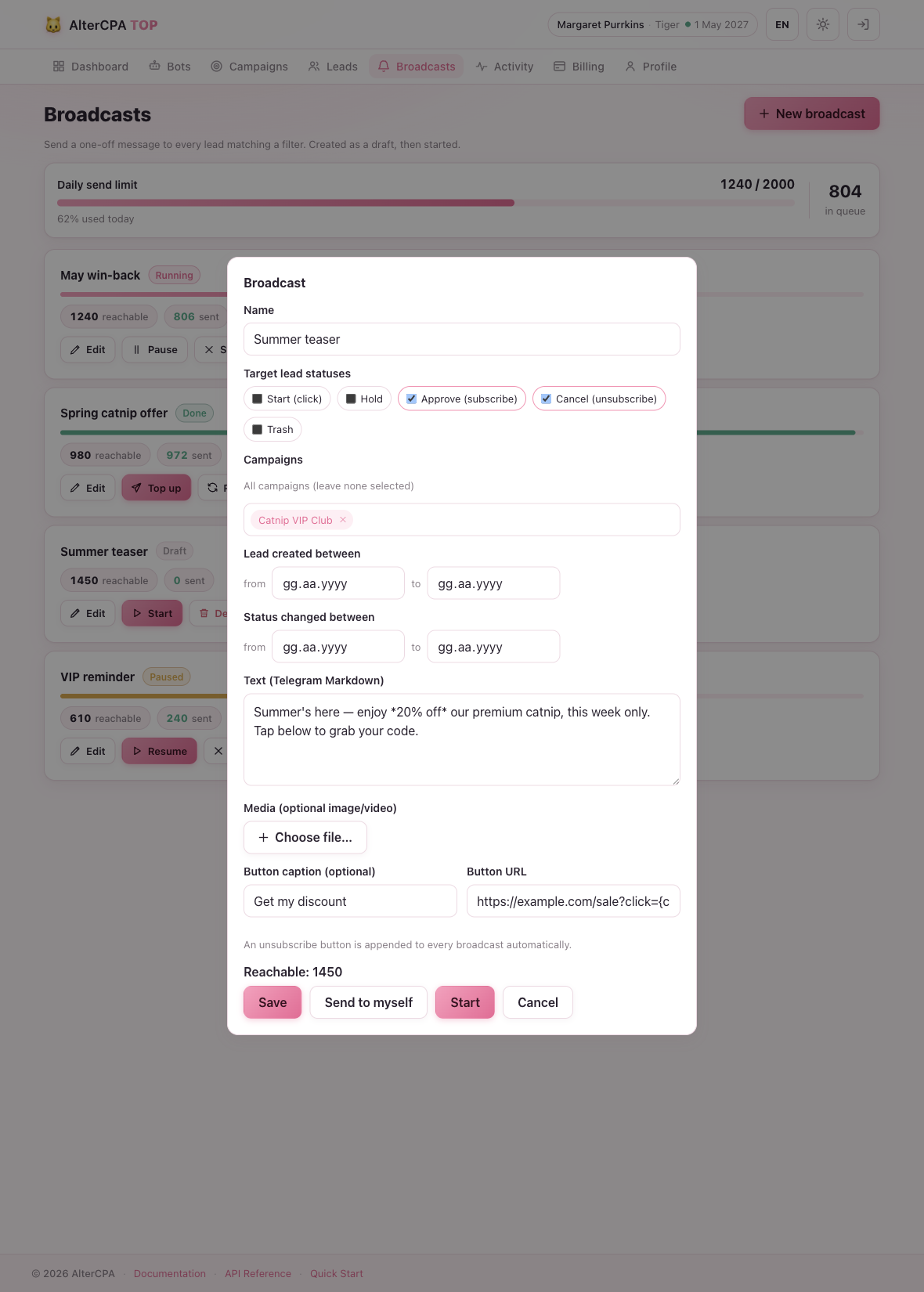 The broadcast editor — name, status and campaign filters, date ranges, message body, and the reachable count