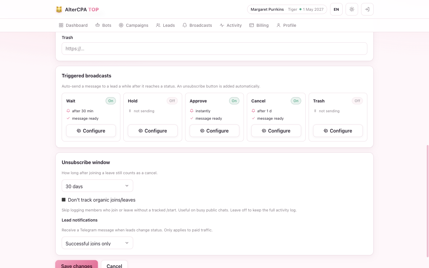Triggered broadcasts — five status cards in the campaign editor, each with an on/off badge and a Configure button