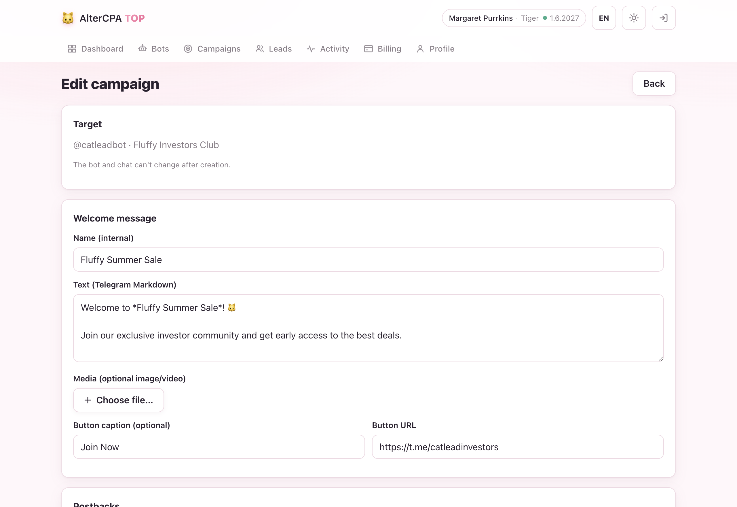 Campaign editor — target, welcome message, media upload and postback fields