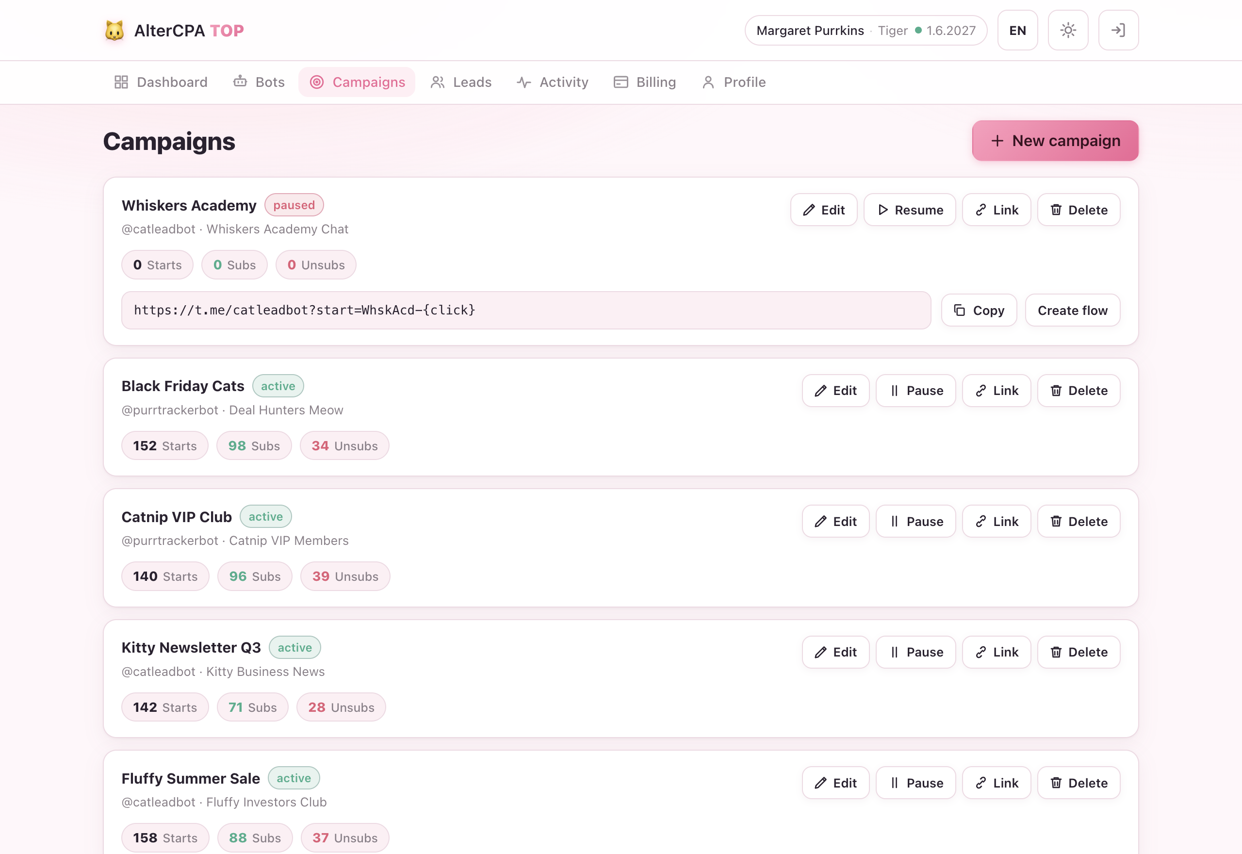 Campaign editor — the full form from bot selection to the revealed deep link