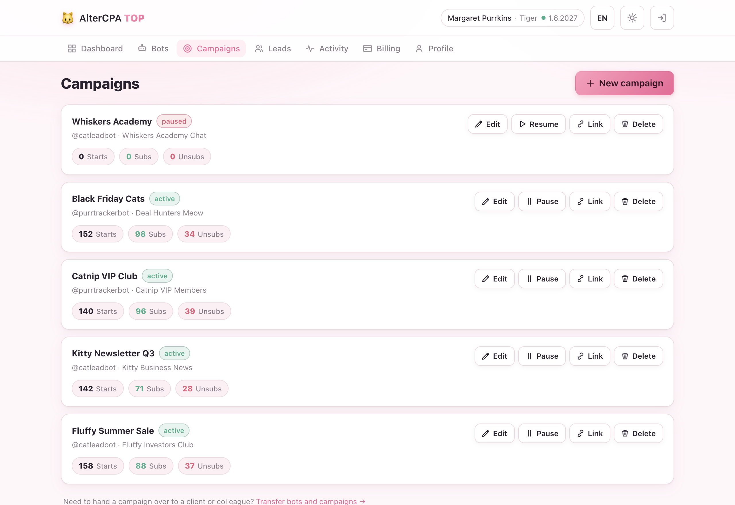 Campaigns list — each card shows bot, chat, stats pills and action buttons