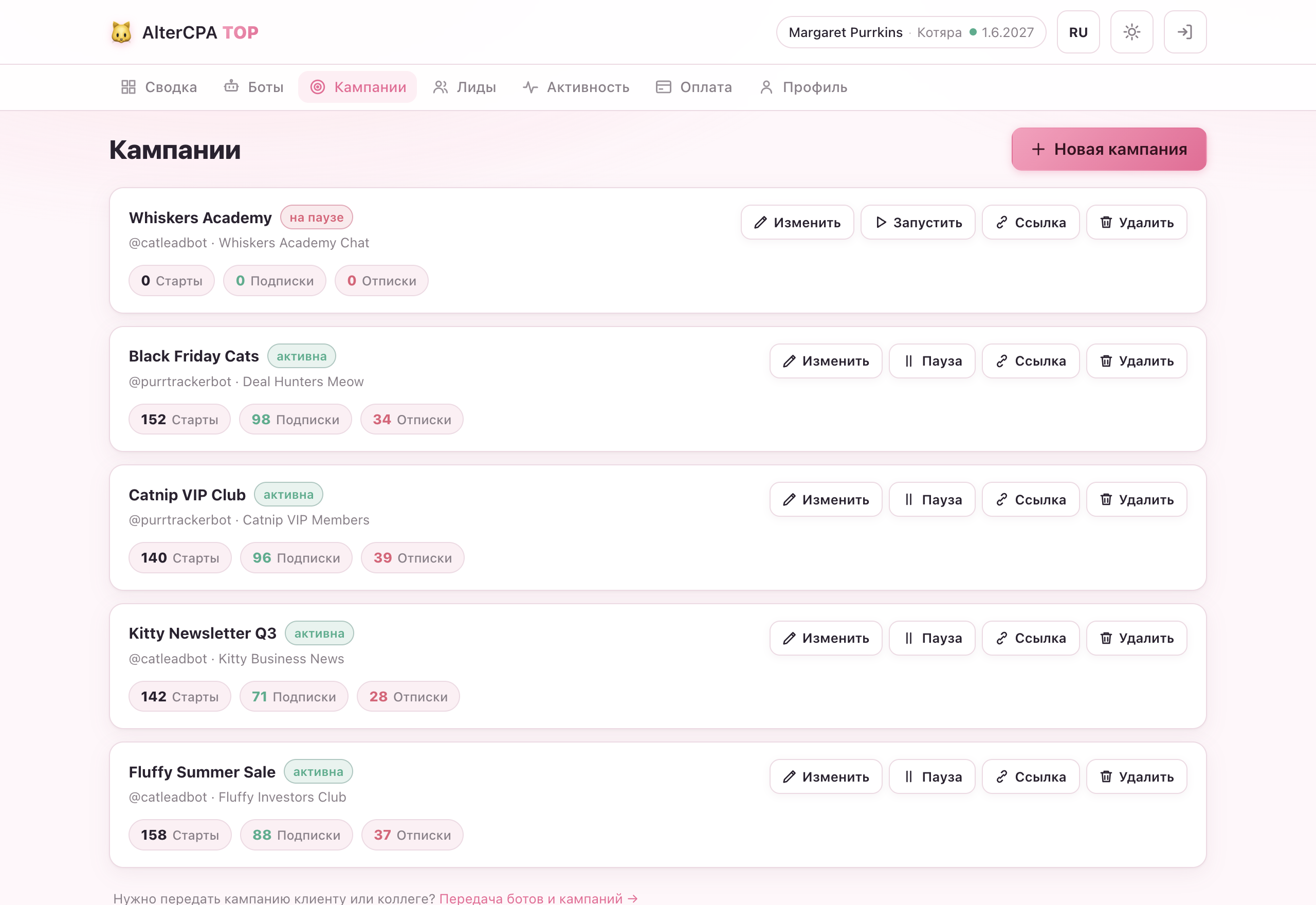 Список кампаний — карточки с ботом, чатом, статистикой и кнопками действий