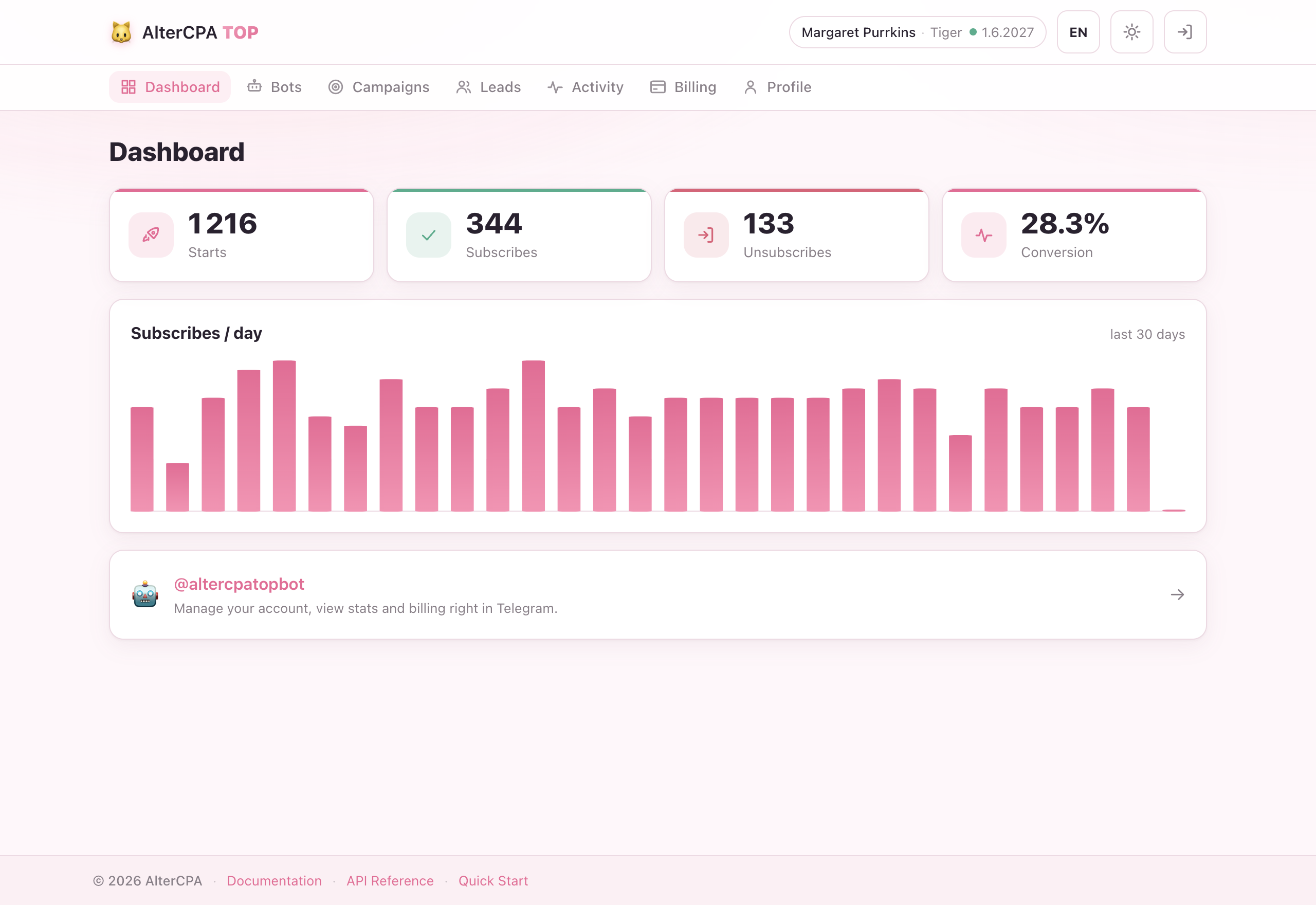 Dashboard home — headline KPIs and the daily subscriptions chart