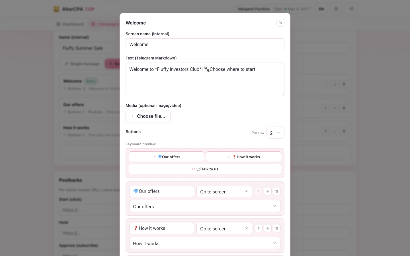 The screen editor modal — name, text, media, a buttons-per-row selector with a live keyboard preview, and the button list
