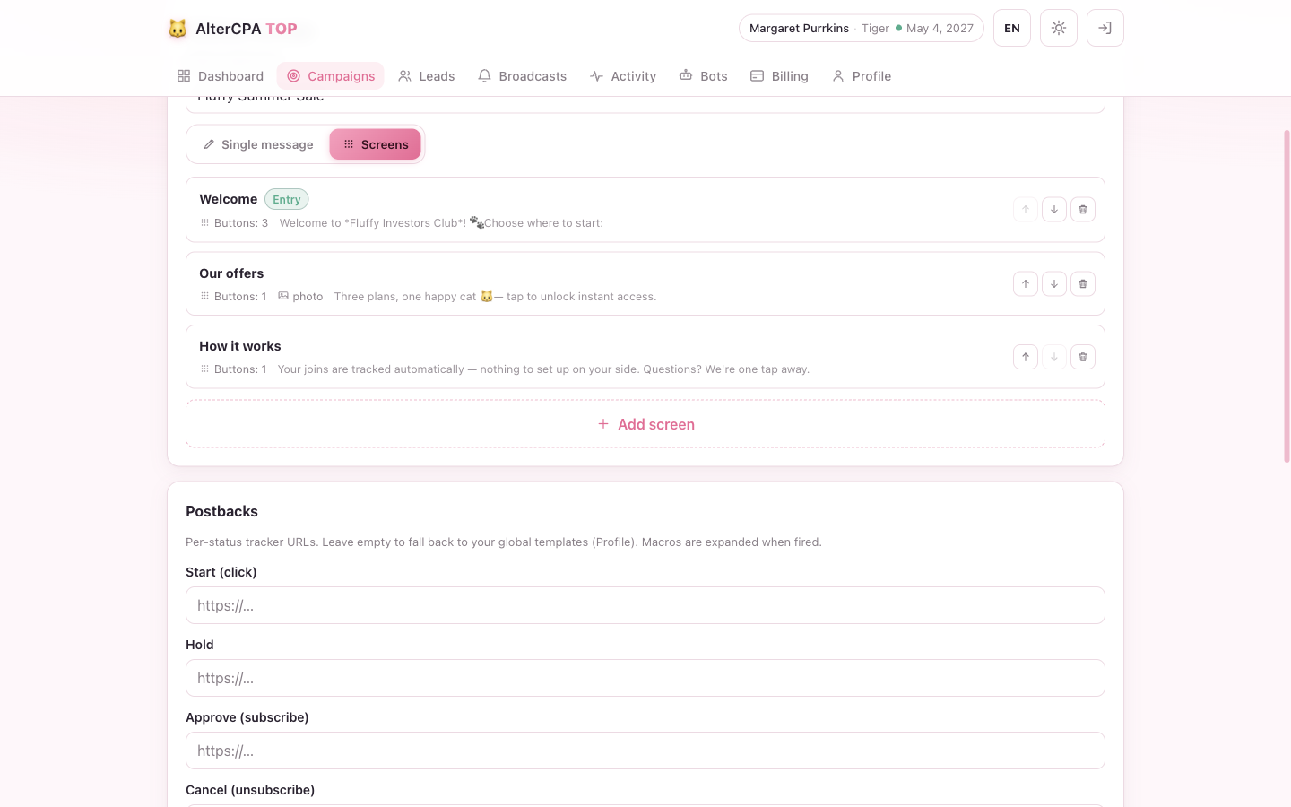 The campaign editor's welcome-flow toggle set to Screens, with the screen list below — entry badge, button counts, media and text snippets, and an Add screen card