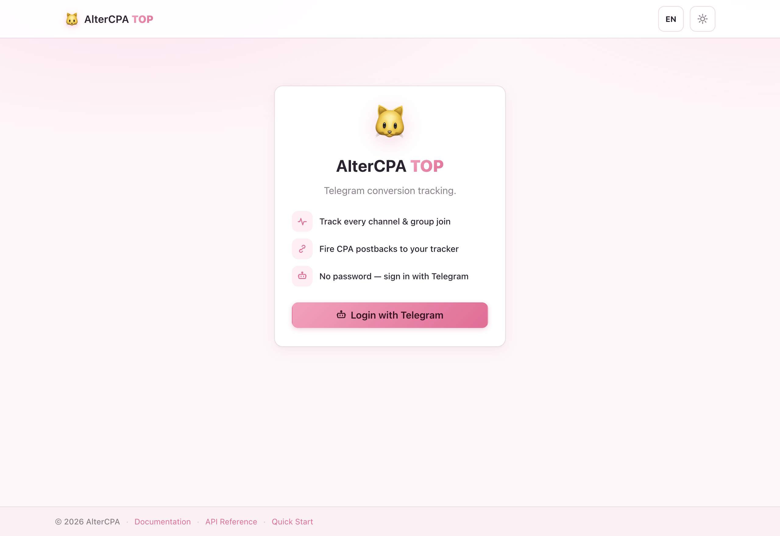Login page — "Login with Telegram" button